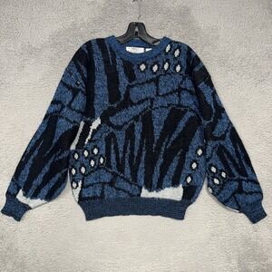 VTG Saturdays Sweater Men's Sz M Blue Geometric Funky Knit Pullover Cosby 90s